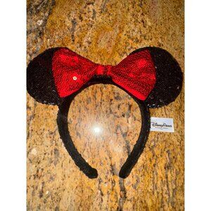 DISNEY PARKS Sequined Minnie Mouse Black and Red Bow Ear Souvenir Headband